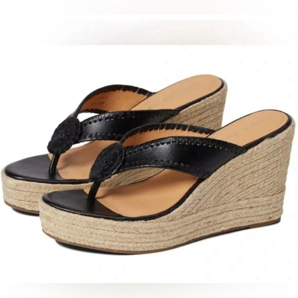 Jack Rogers Black Leather Espadrille Wedge Sandals